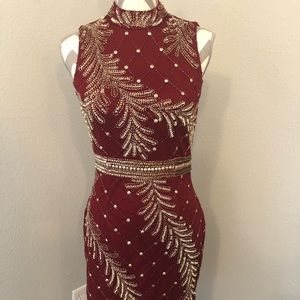 Kim Karan Burgundy Embellished Cocktail Dress